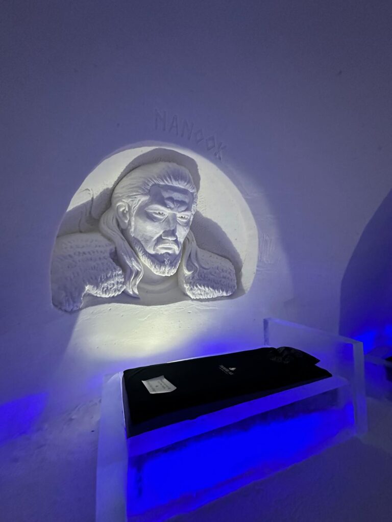 Portret sculptat în gheață, într-o încăpere iluminată