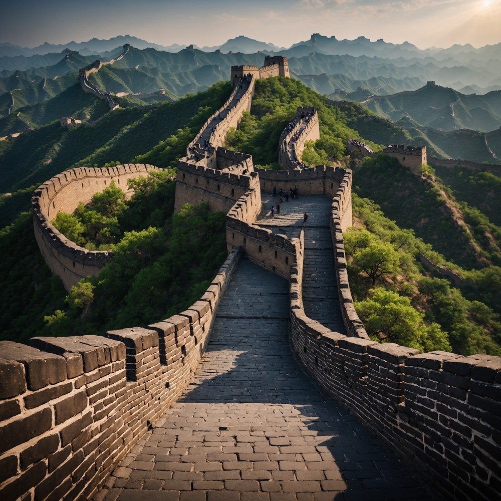 Marele Zid Chinezesc urmând creste montane înverzite