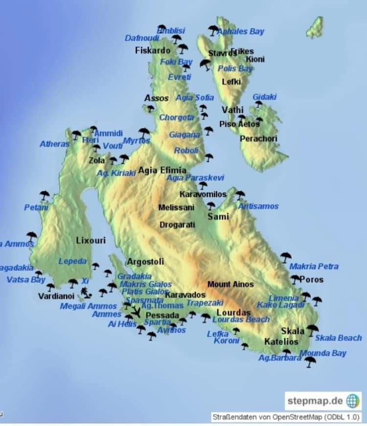 Hartă a plajelor de pe insula Kefalonia