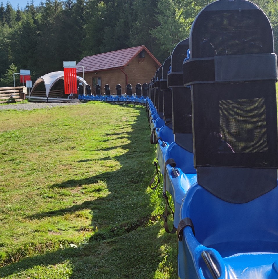 Șir de boburi albastre lângă o clădire și pădure