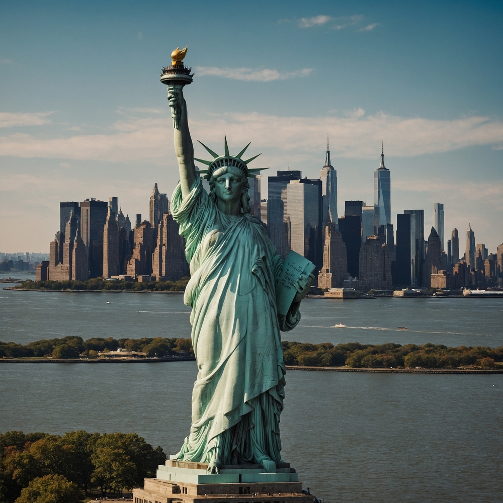 Statuia Libertății, cu panorama New Yorkului în fundal