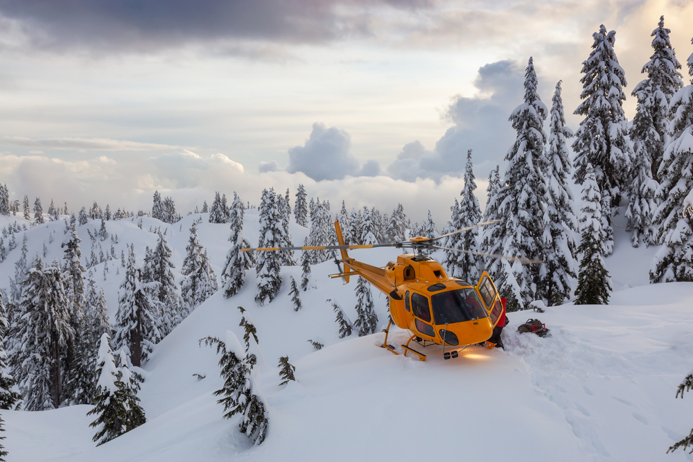 Elicopter galben deasupra unei păduri acoperite de zăpadă