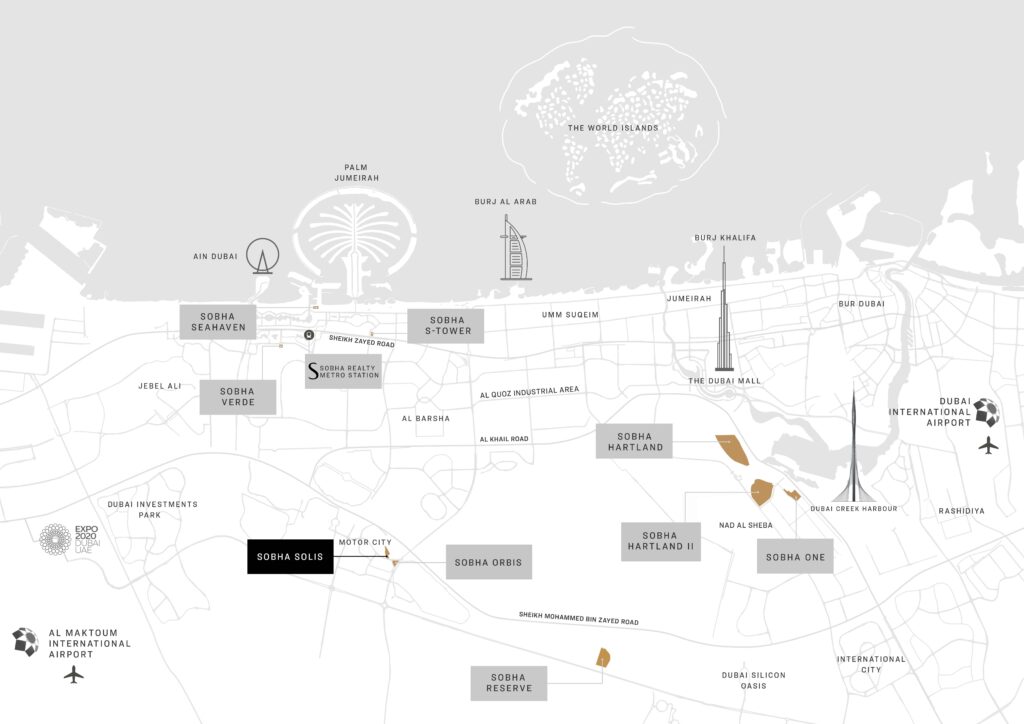 Diagramă de localizare Sobha Solis, cu repere și distanțe