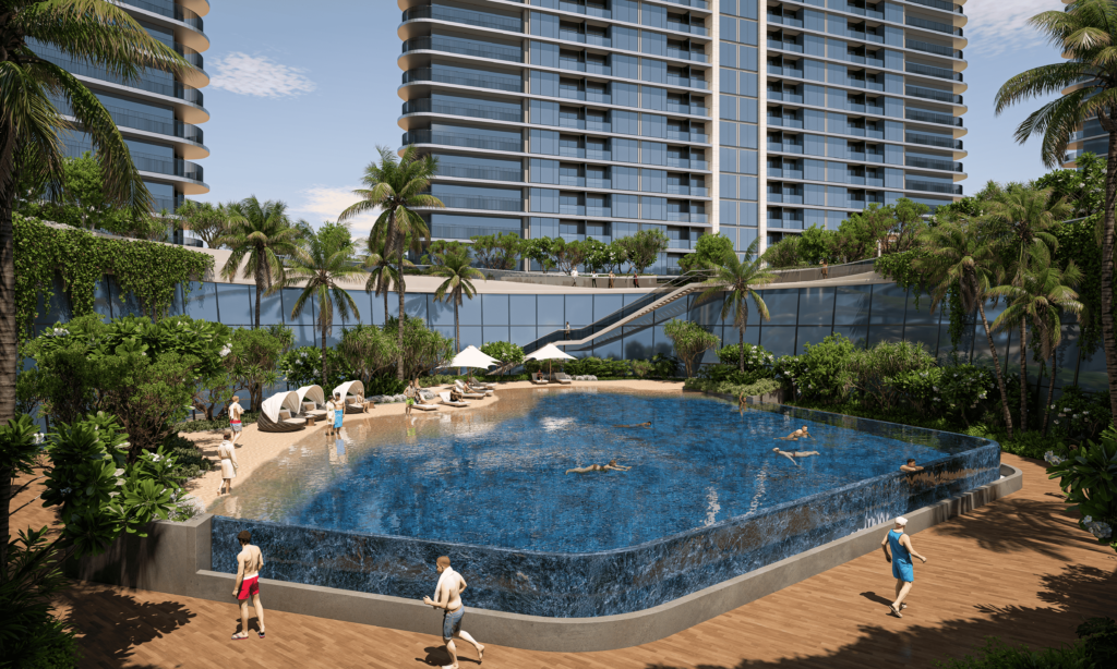 Randare a unei piscine exterioare lângă clădiri și palmieri