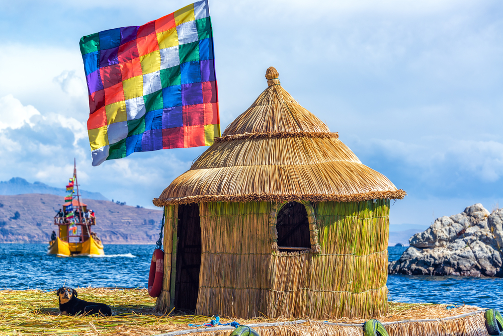 Colibă din stuf și steag colorat, lângă lac