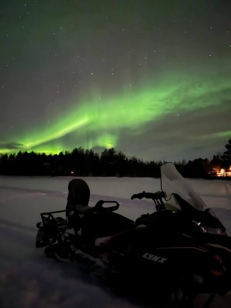 Persoană lângă apă, sub o auroră verde