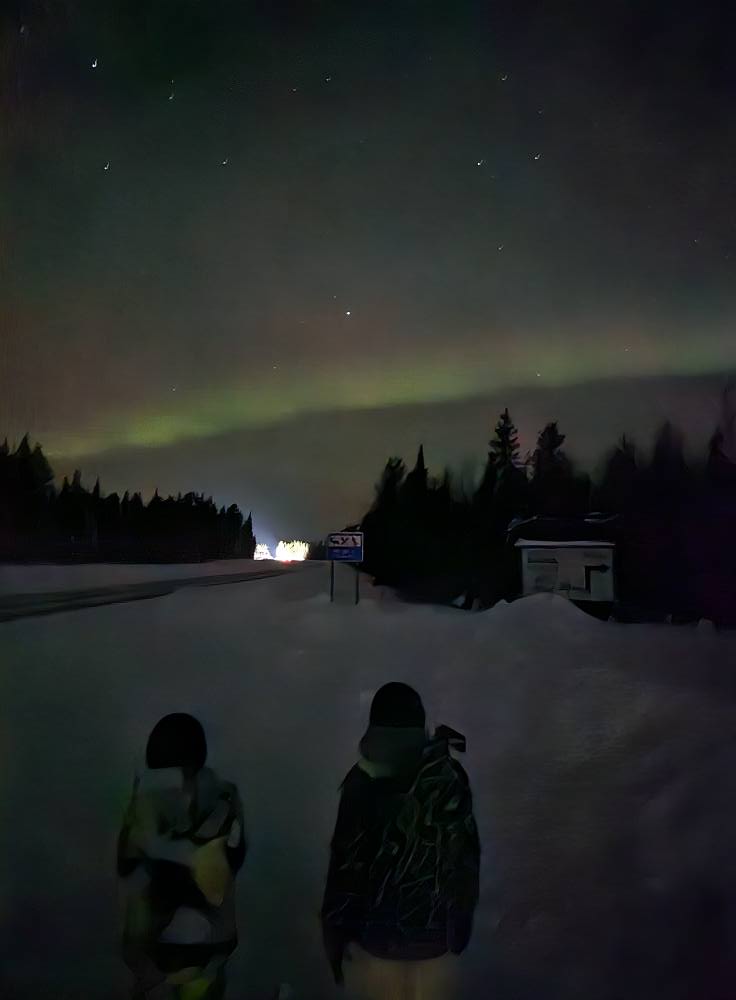 Persoane privind aurora lângă un lac, noaptea
