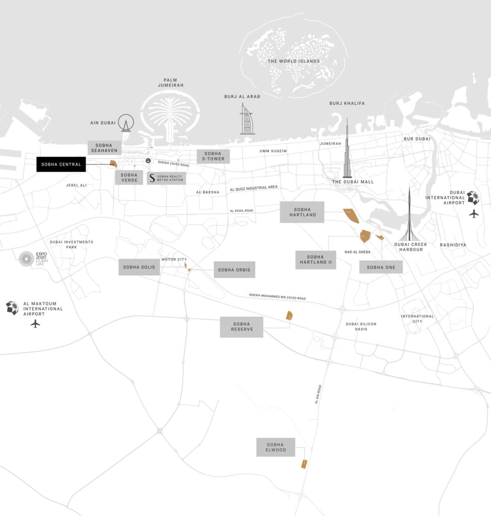 Diagramă cu repere și distanțe pentru Sobha Central