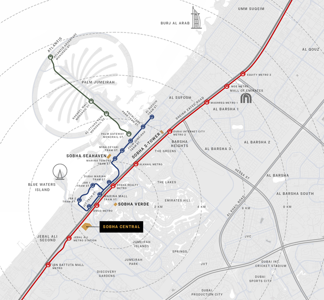 Hartă cu amplasamentul Sobha Central și trasee rutiere