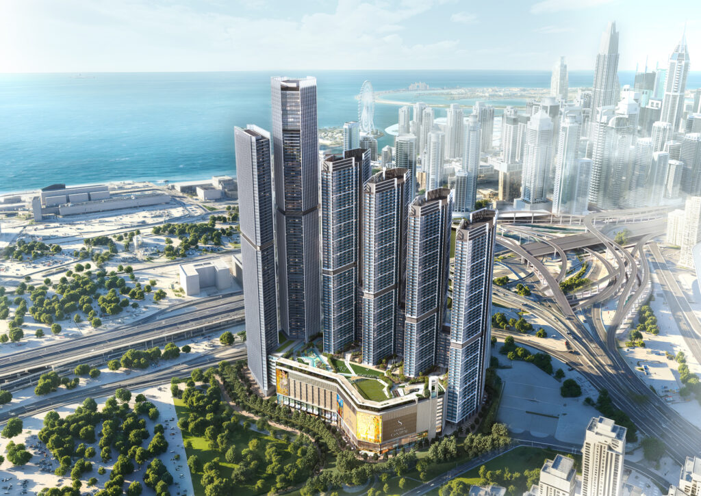 Randare panoramică a ansamblului Sobha Central între turnuri urbane