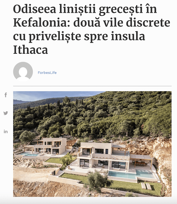 Captură de articol cu titlu despre vile din Kefalonia