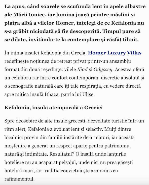 Captură de text editorial despre o experiență de cazare
