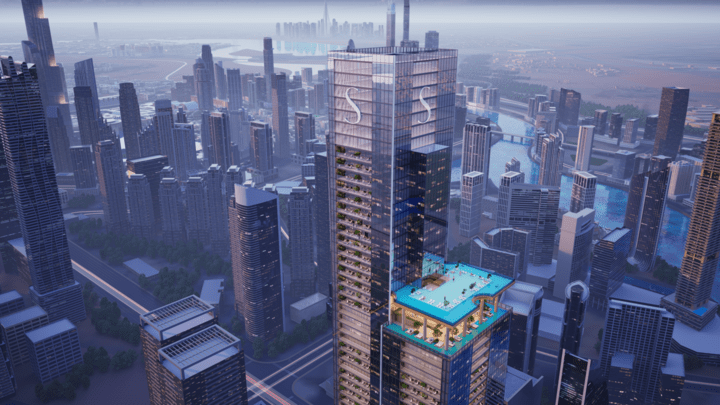 Randare aeriană a turnului SkyParks și piscinei suspendate
