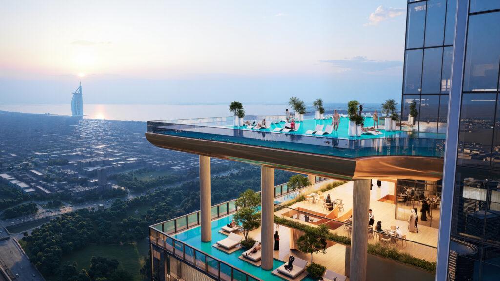 Randare de piscină suspendată cu șezlonguri și vedere panoramică