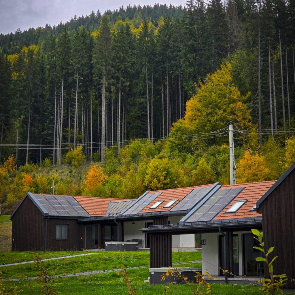 Cabane cu acoperișuri roșii, la marginea pădurii