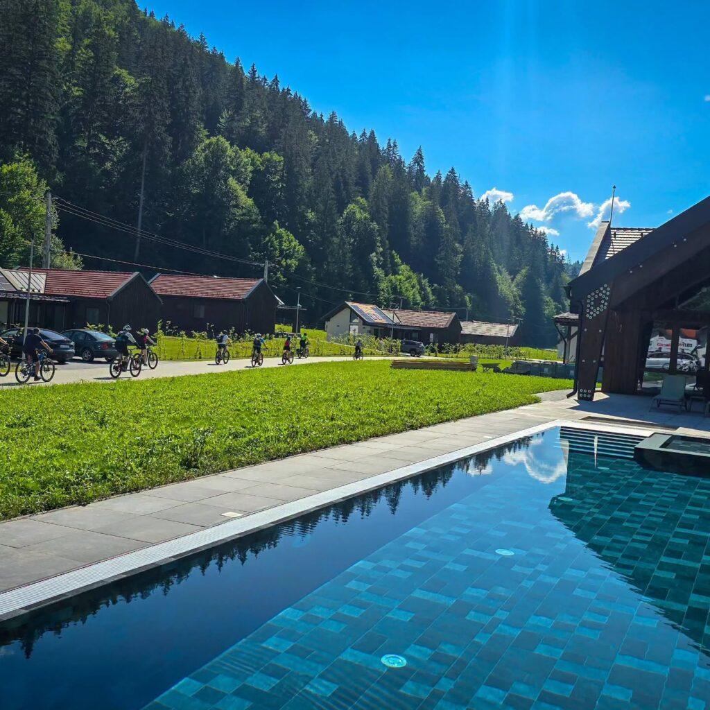 Piscină exterioară cu gazon și pădure în fundal